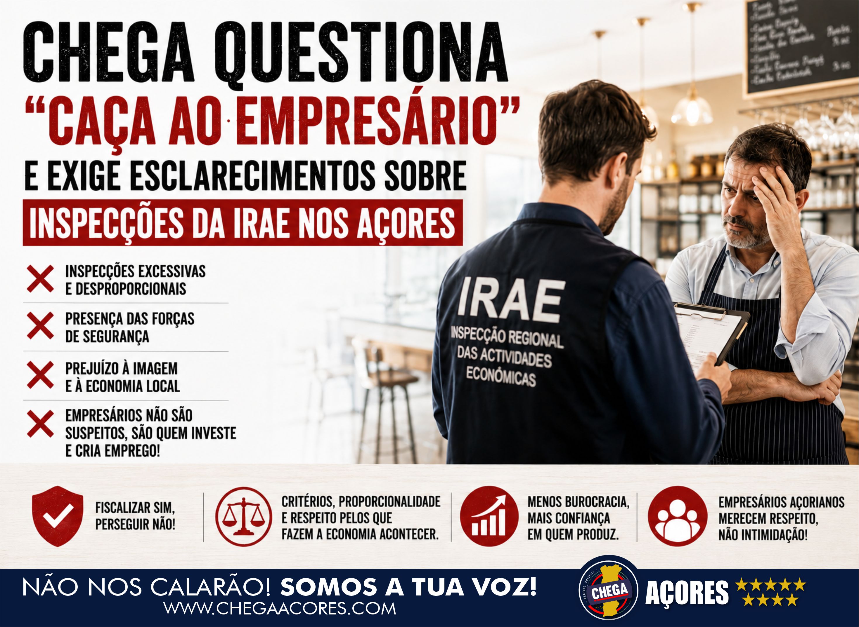 CHEGA QUESTIONA “CAÇA AO EMPRESÁRIO” E EXIGE ESCLARECIMENTOS SOBRE INSPECÇÕES DA IRAE NOS AÇORES